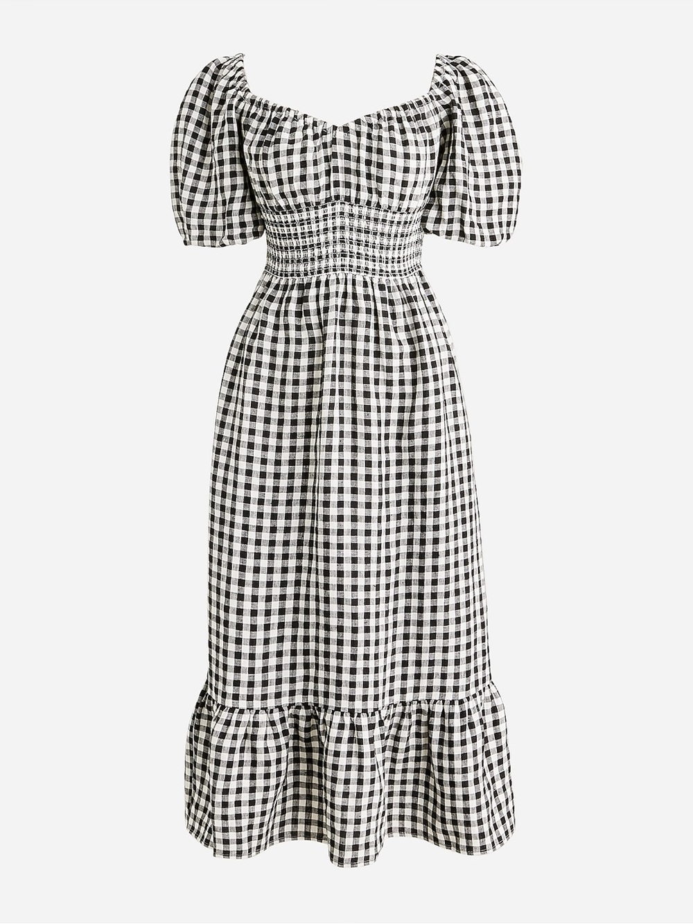 J.Crew linen Smocked-waist puff-sleeve midi dress in gingham black and white